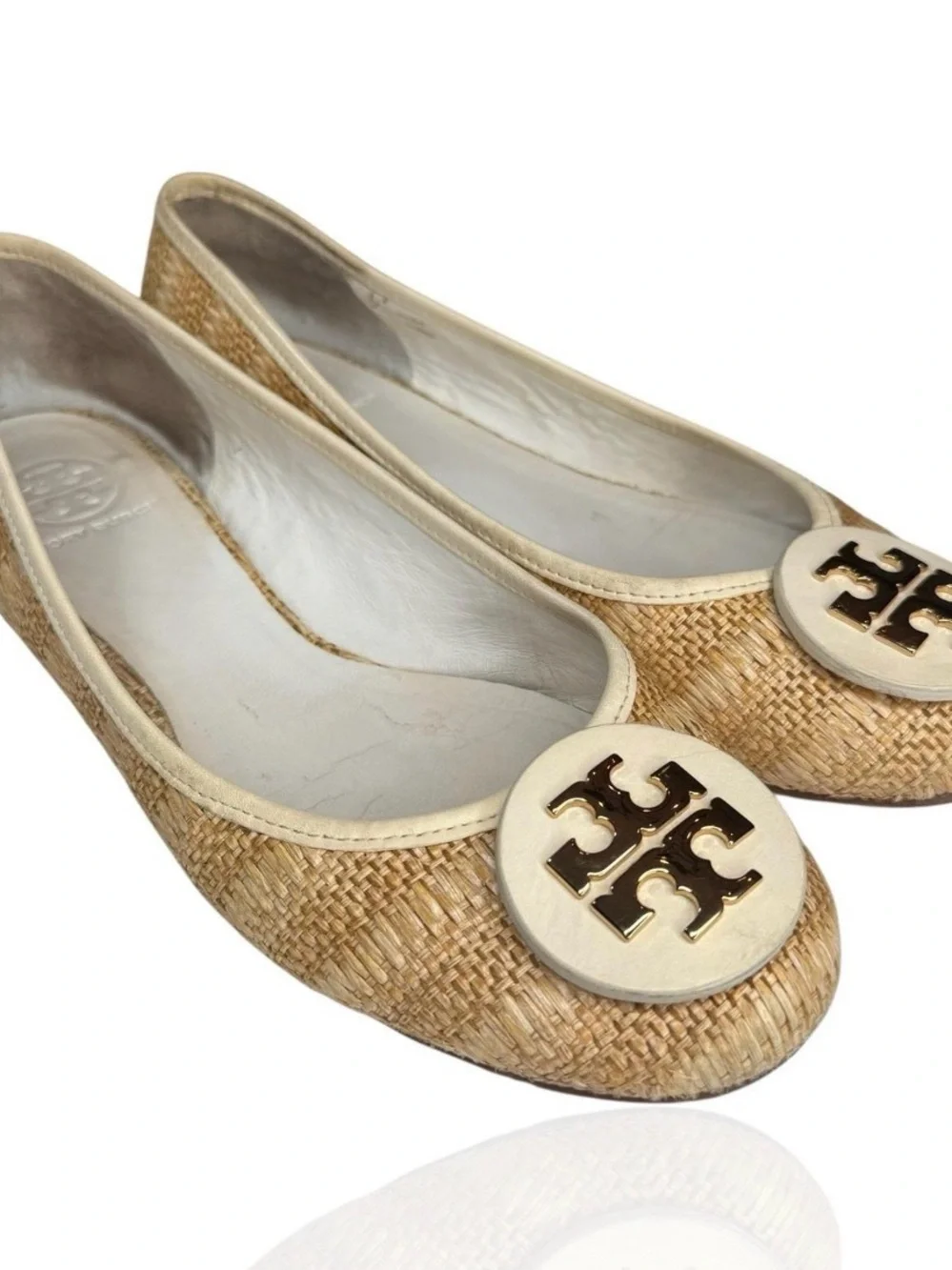Tory Burch Natural Straw Ballet Flats with Cream Logo Medallion